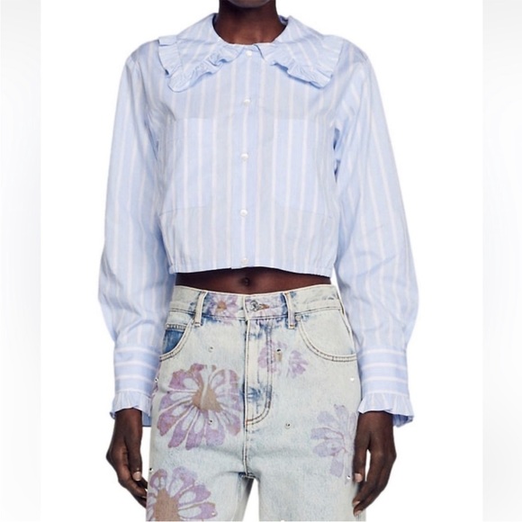 Sandro Ravenne Cropped Dress Shirt in Blue - Picture 1 of 9
